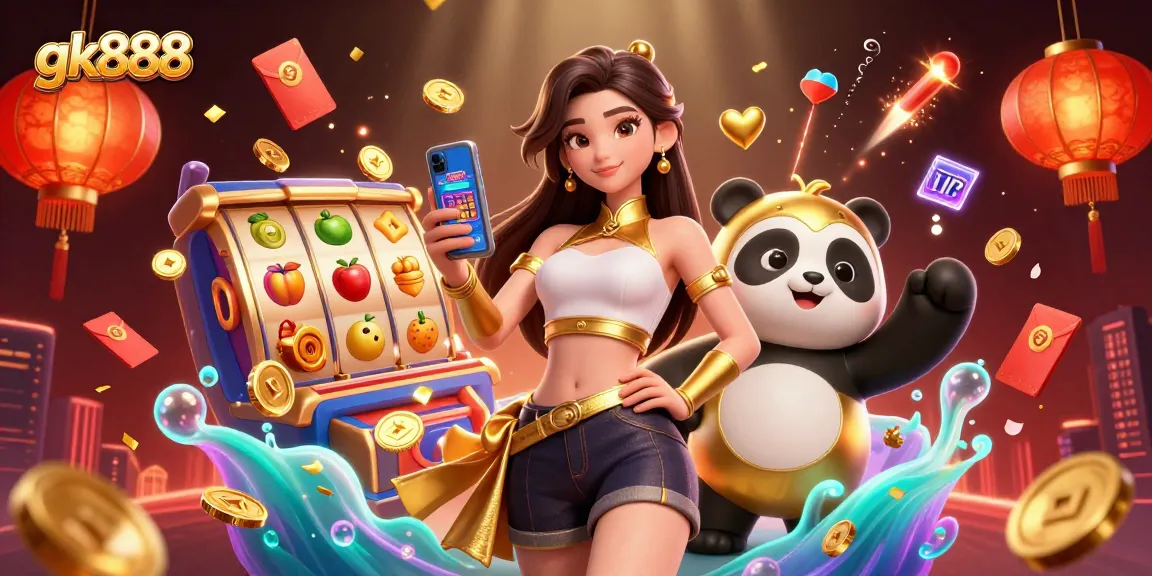 Engage in thrilling casino games with gk888 as an elegant player showcases her smartphone.