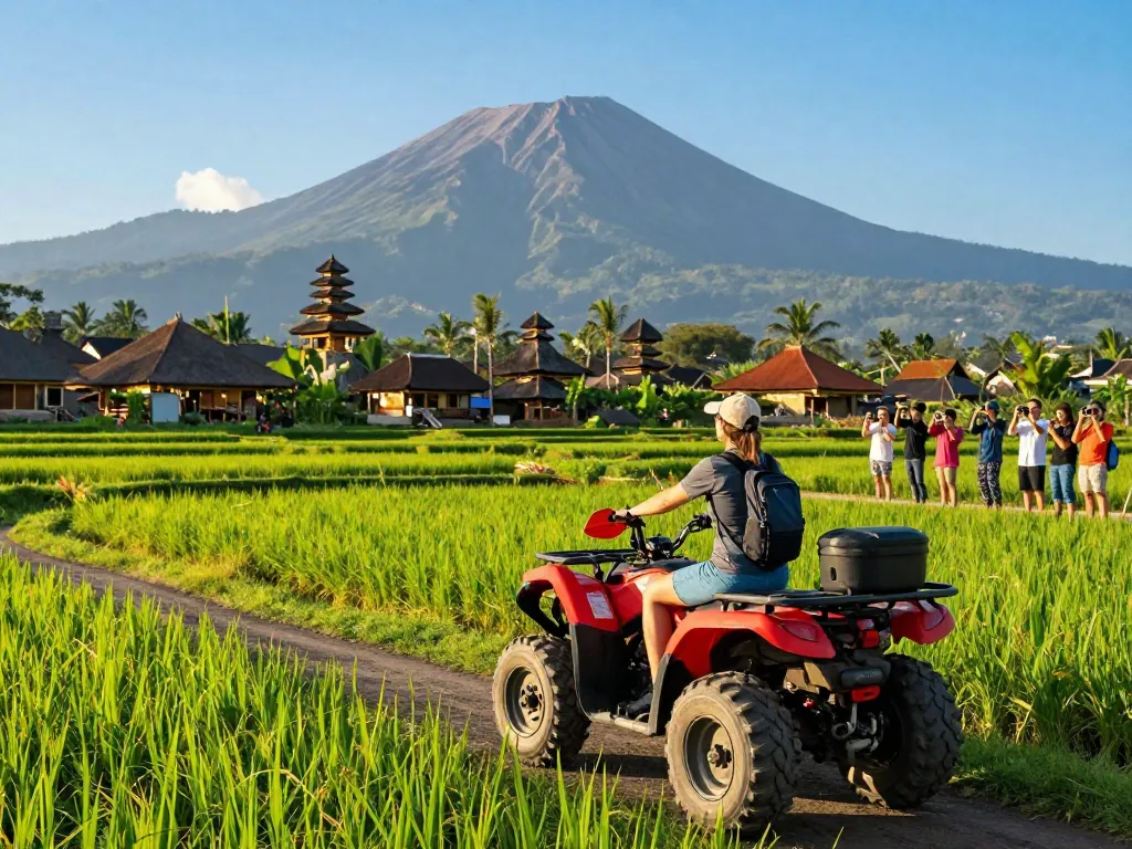 Experience the thrill of exploring Bali tour packages on an ATV in vibrant rice fields and scenic landscapes.