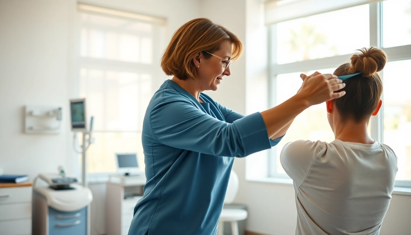 Engaging scene of a therapist demonstrating back pain solutions with a patient in a bright treatment room.