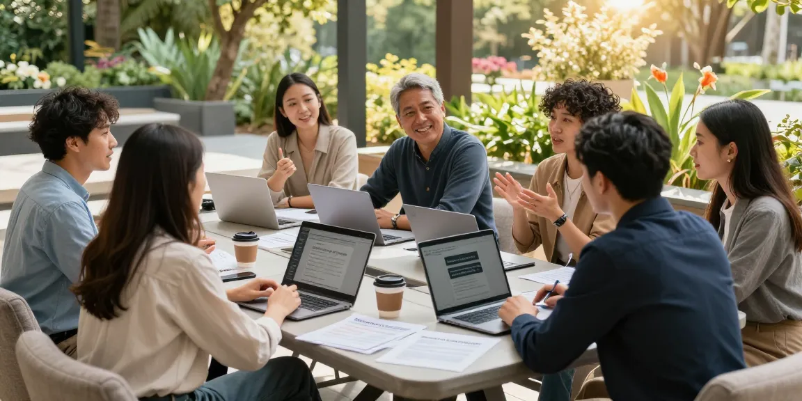 Professionals brainstorming strategies for best timeshare exit companies in an outdoor meeting.
