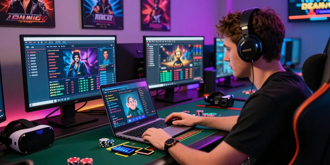 Baccarat online gaming scene with a player analyzing statistics and engaging in a live session, showcasing modern technology and excitement in the gaming experience.
