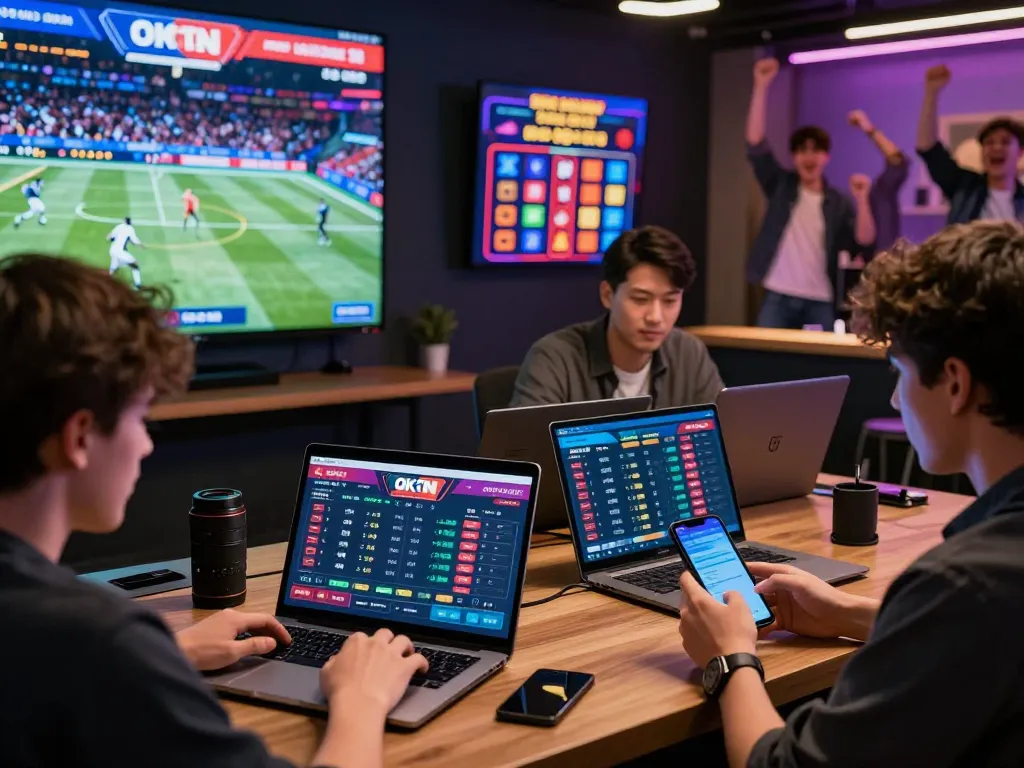 Users engaging with the OKFUN sports betting platform, showcasing excitement in a vibrant gaming environment.