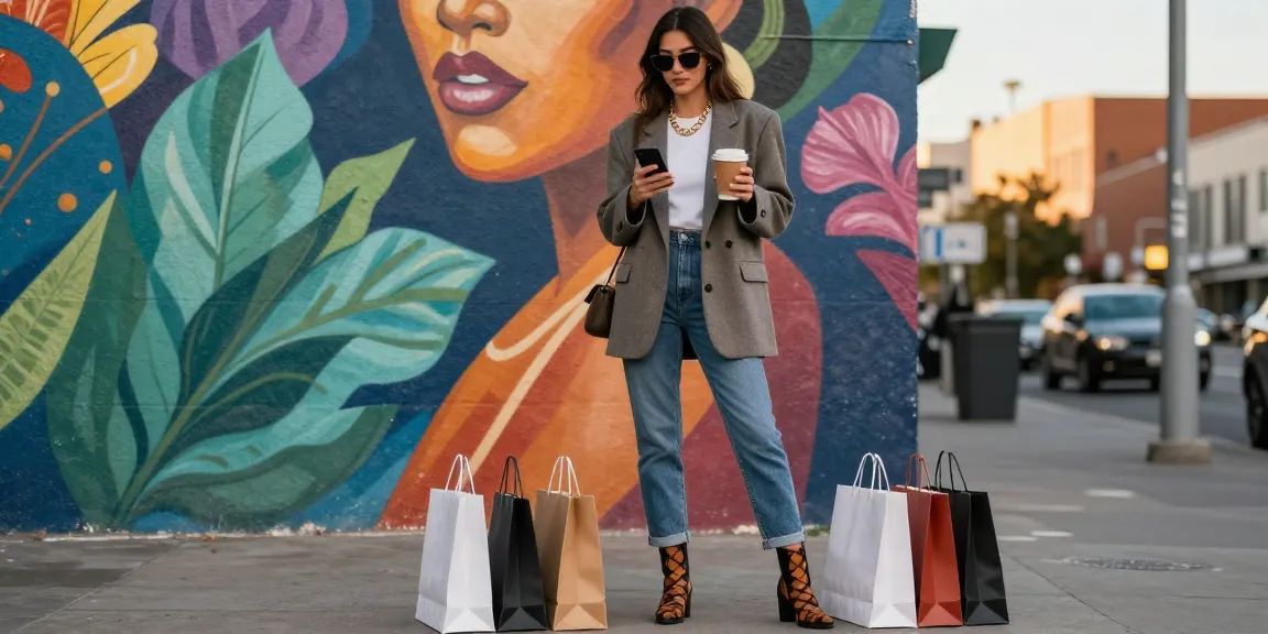 Casual urban scene showcasing women's fashion with a stylish woman holding coffee and shopping bags.