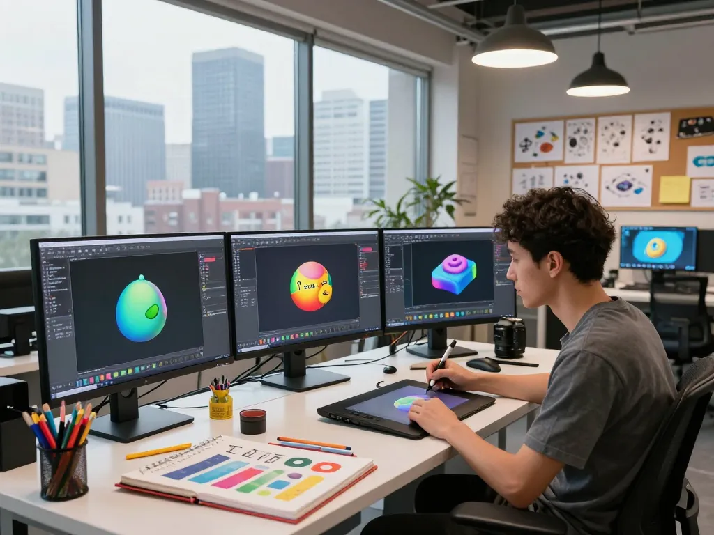 Artist working on 3D models generated from text in a vibrant creative studio.