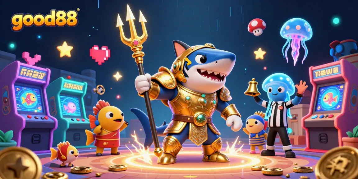 Engage in thrilling gaming action with good88 as a shark gladiator dominates the underwater colosseum.
