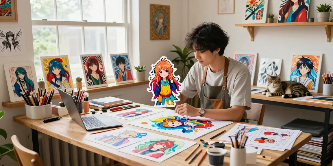 Artist showcasing custom acrylic stand in a vibrant studio filled with art supplies.