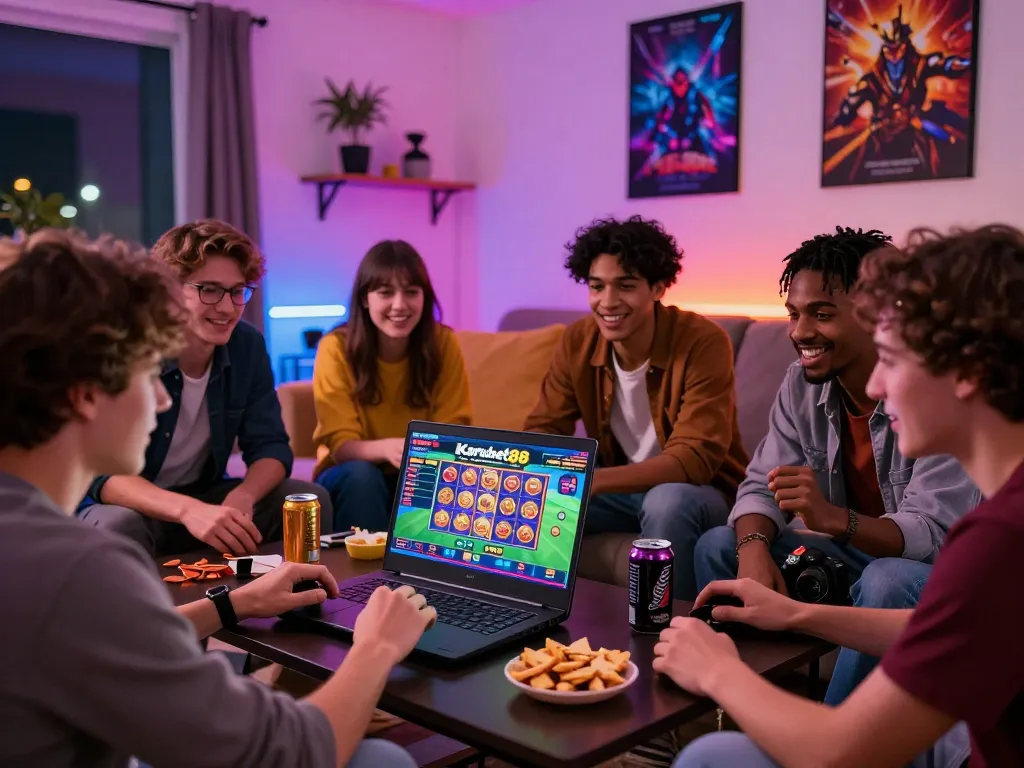 Friends enjoying Kartubet88 online betting together in a lively living room setting.