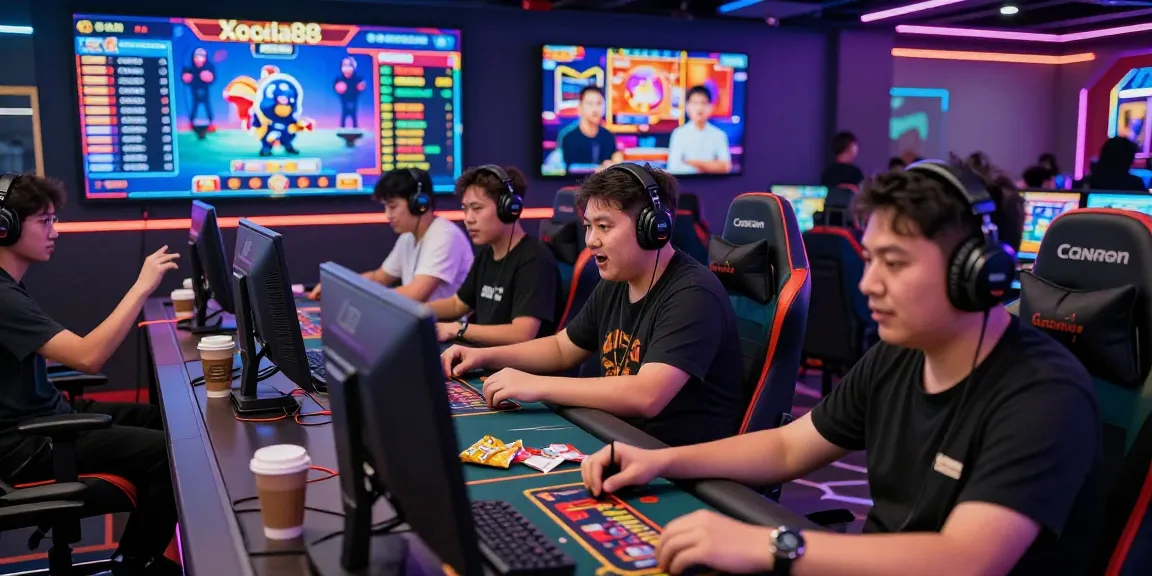 Xocdia88 online gaming scene with players engaged in a live-streamed session, vibrant digital graphics amplifying excitement.
