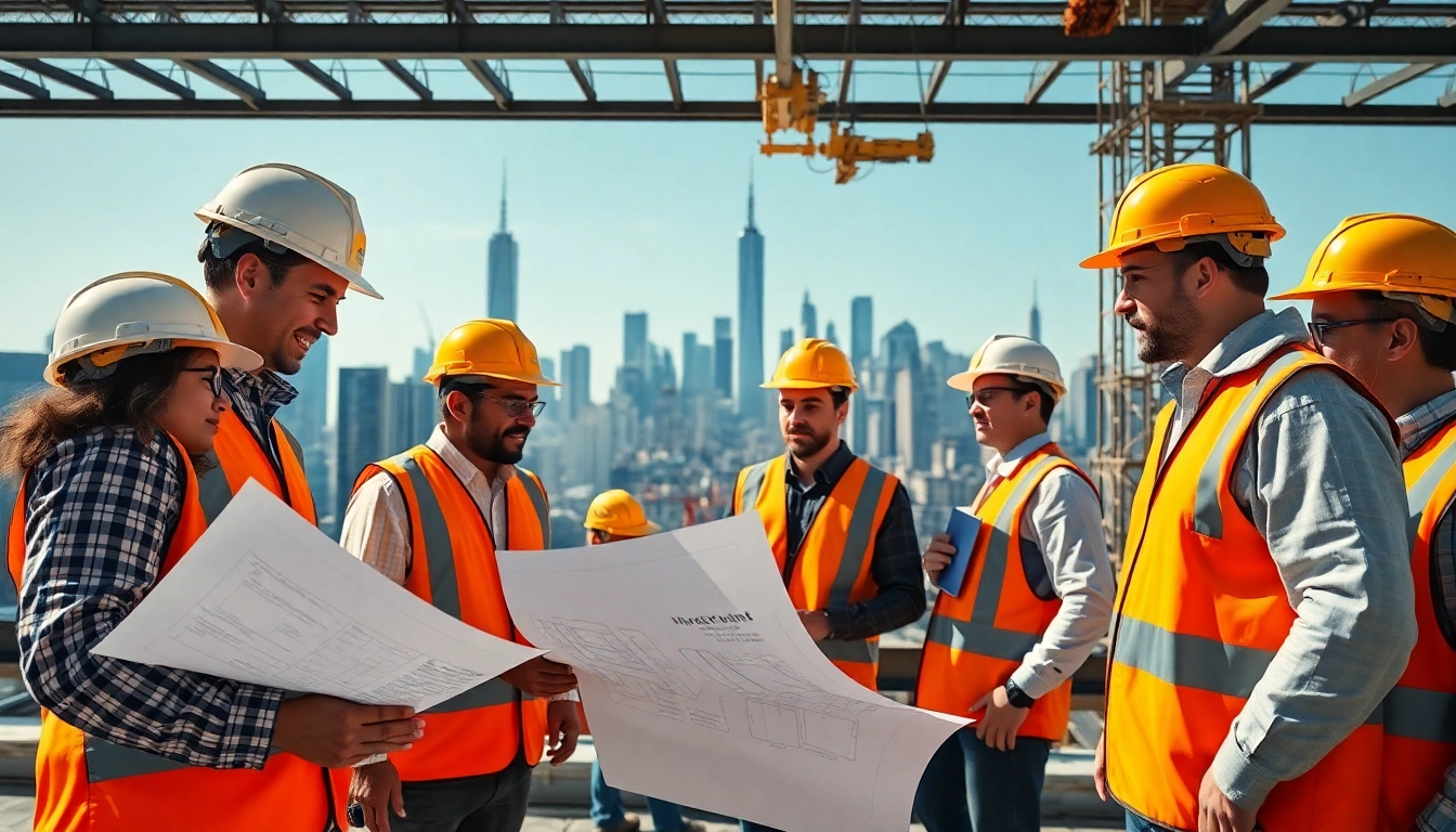 Dynamic scene of Manhattan Commercial General Contractor teamwork at a construction site.