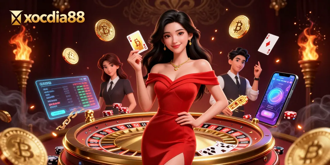 Xocdia88 offers a stunning illustration of Asian beauty with engaging casino elements and crypto icons.