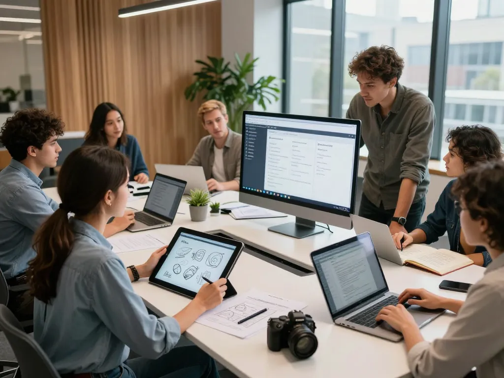Creative brainstorming session on NSFW content strategies in a modern urban workspace.