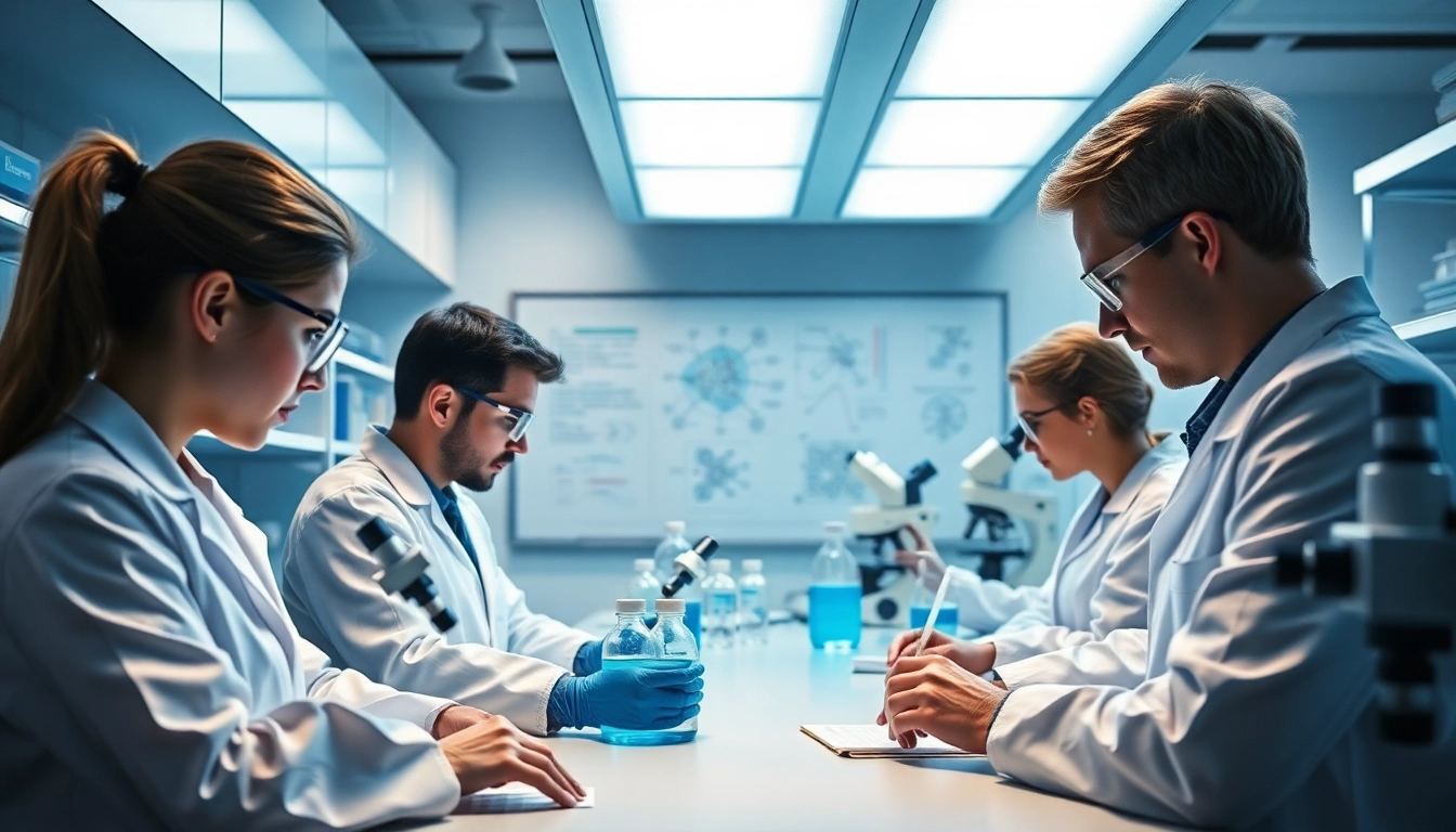 View of peptide research at https://hydroresearchpeptides.com/ featuring scientists in a bright lab.