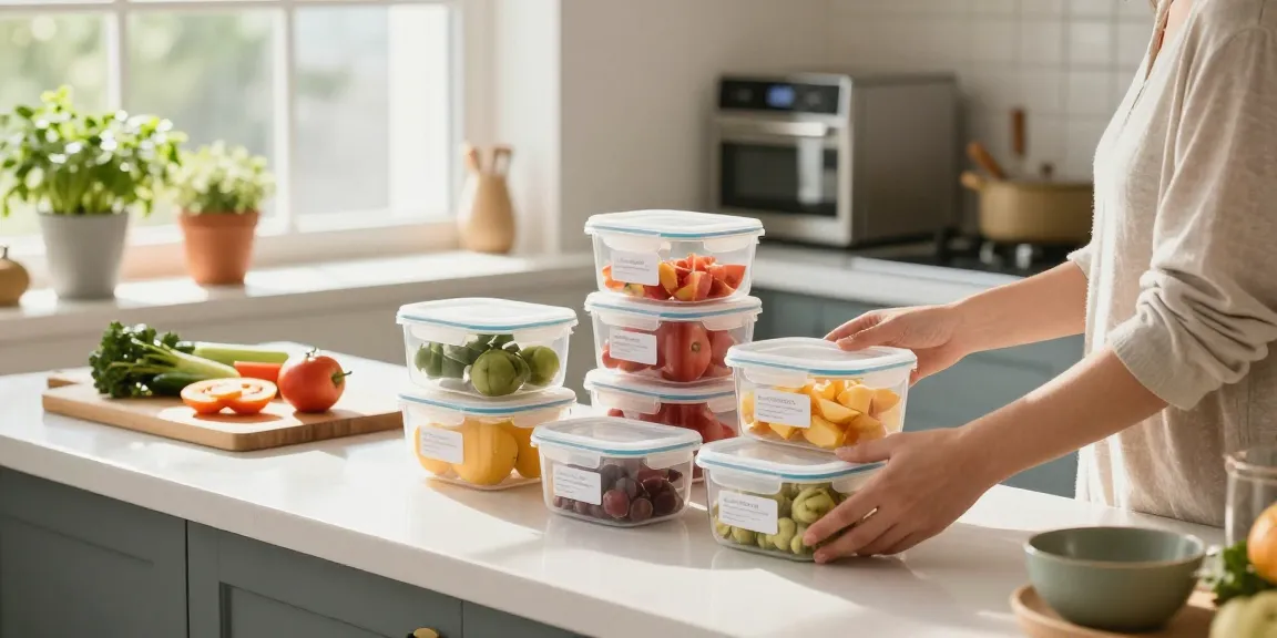 Beautifully organized food storage containers with lids filled with fresh fruits and leftovers in a bright kitchen.