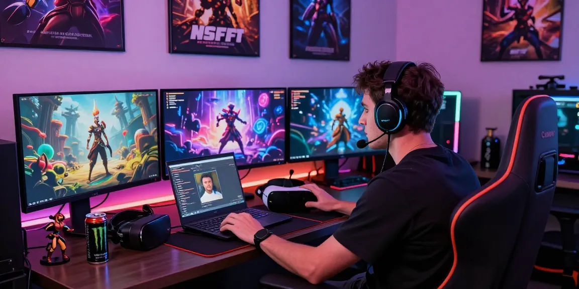 Engaging gamer exploring nsfw ai experiences in a vibrant gaming setup with colorful visuals and immersive elements.