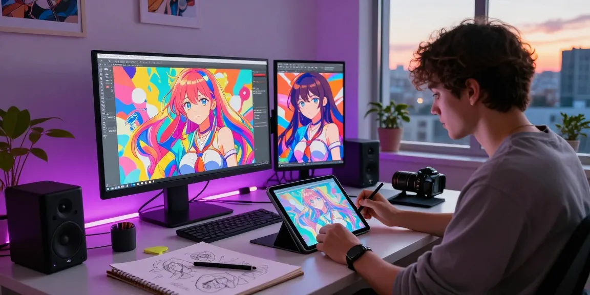 Creating AI ecchi illustrations in a vibrant digital art studio with an artist at work.