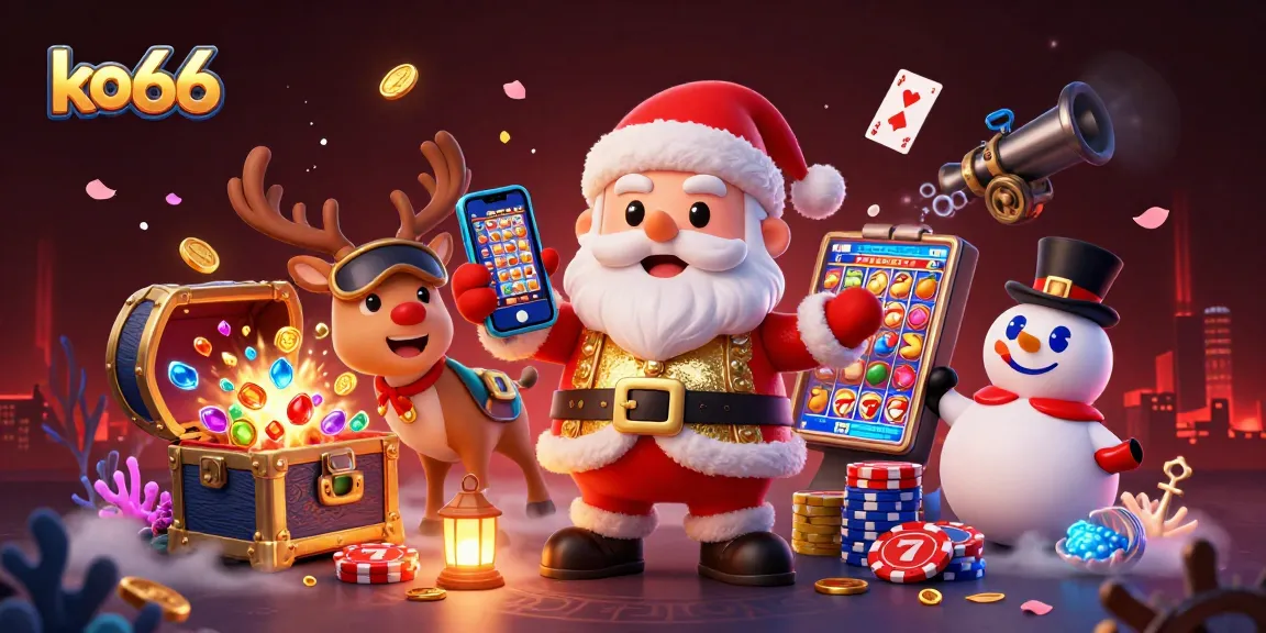 Experience exciting jackpot slots at ko66 with Santa, his reindeer dealer, and a poker chip snowman.