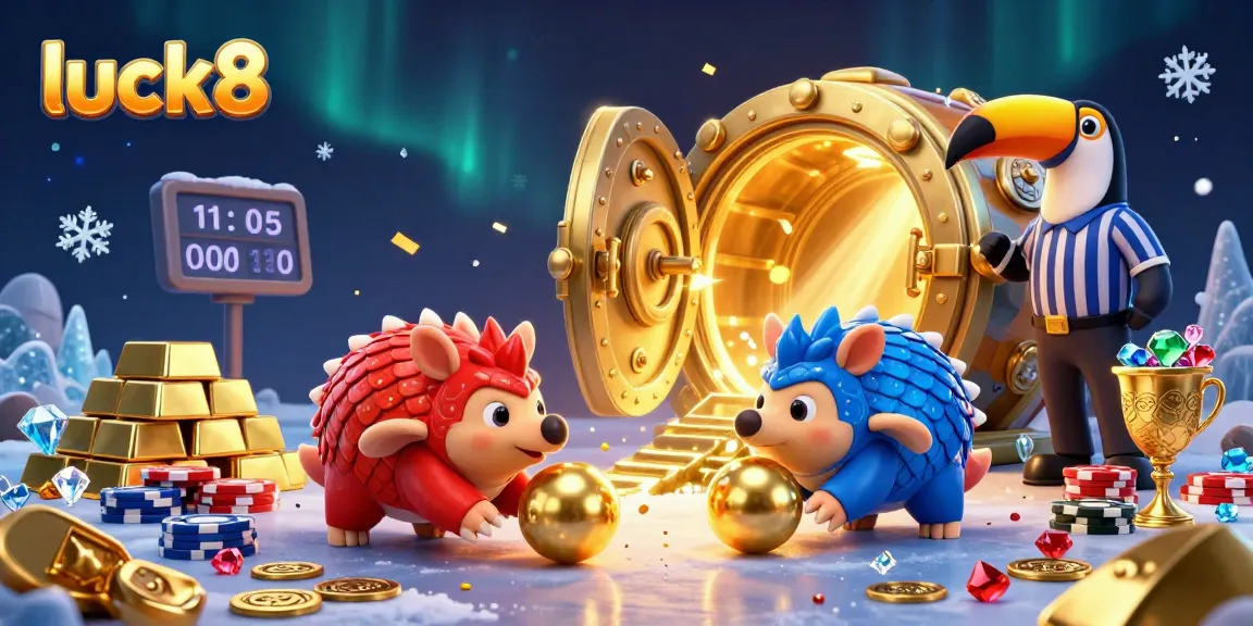 Experience the excitement of luck8 with energetic pangolins bowling through poker chips in a vibrant casino scene.