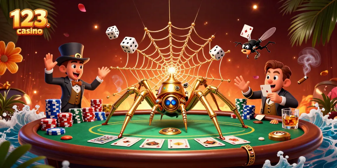 Experience the thrill of 123b casino with a steampunk spider weaving its web at a lively poker table.