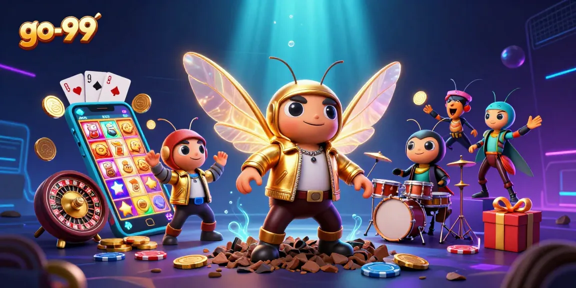 Experience the excitement of go-99 with a vibrant casino scene featuring a rock star cicada and gaming elements.