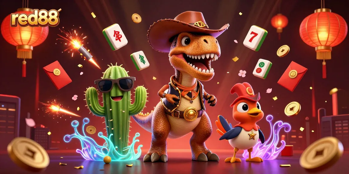 Experience thrilling gameplay at red88 with an illustration featuring a cowboy dinosaur and casino elements.