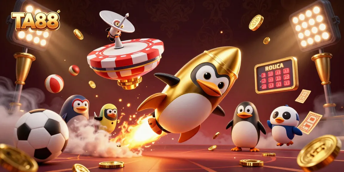 Experience exhilarating betting adventures with TA88 as the golden penguin soars past a vibrant casino!