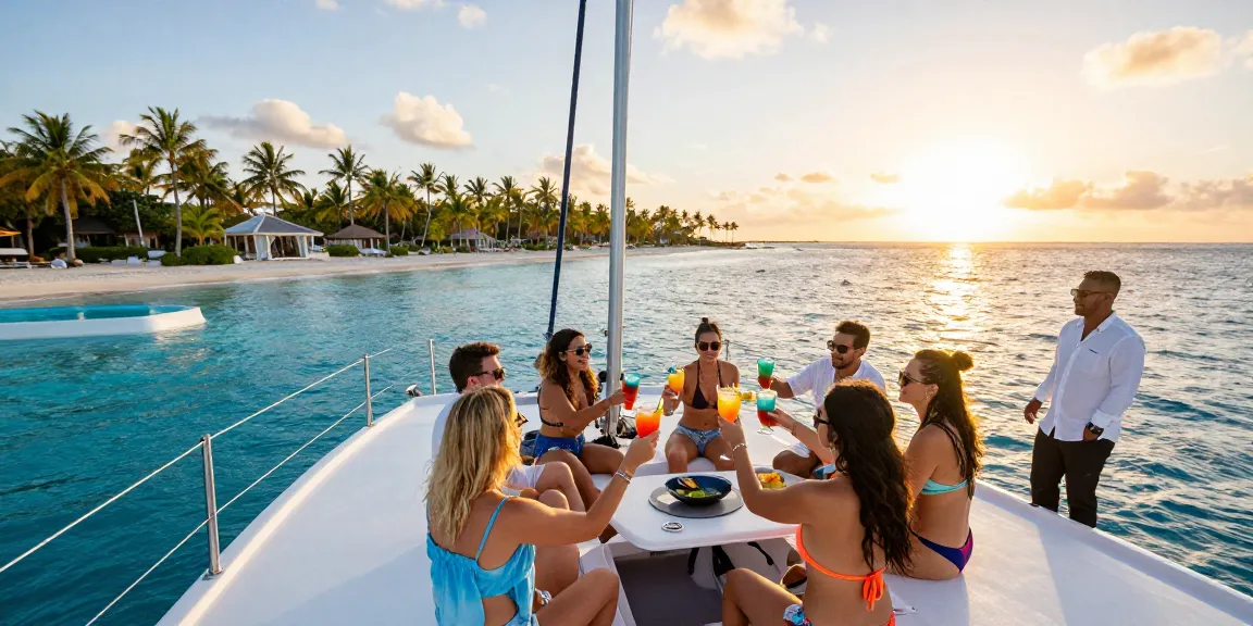 Friends enjoying a yacht charter in Punta Cana, celebrating with cocktails on a catamaran in beautiful Caribbean waters.