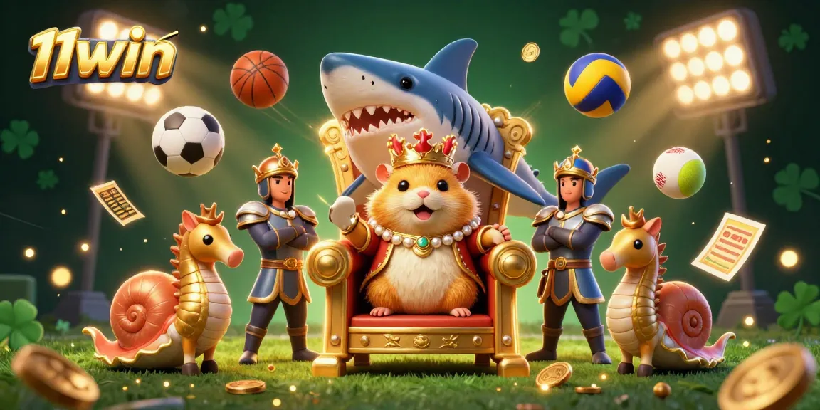 Engage with thrilling games at 11WIN, where a golden hamster king reigns over sports battles under dazzling light.