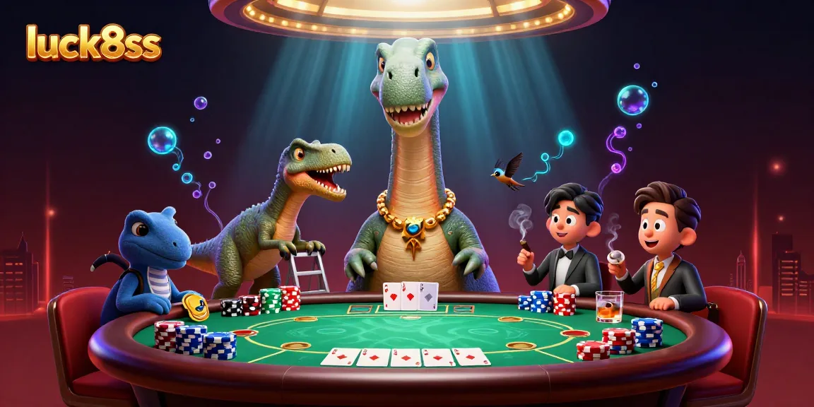 Luck8ss showcases a vibrant 3D scene with a giant dinosaur overseeing a poker game full of colorful chips.