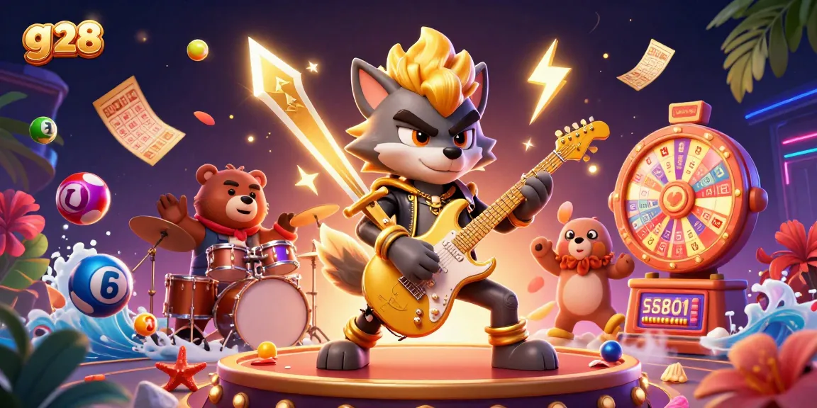 Engage in exciting gaming moments with g 28, featuring a rock star wolf and dynamic lottery elements.