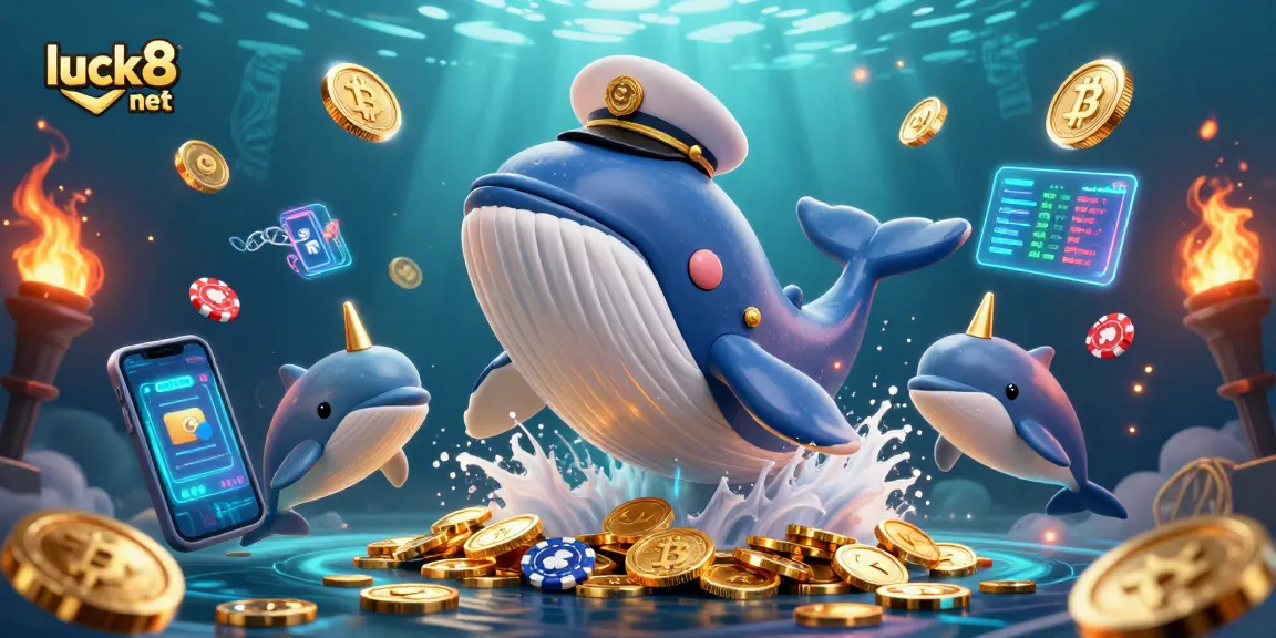 Experience the excitement of luck8 net with a vibrant 3D casino scene featuring whales and crypto elements.