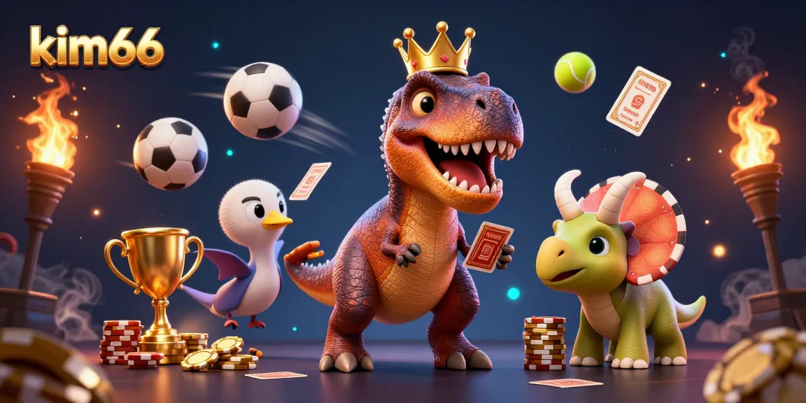 kim66 presents a playful casino scene with T-Rex and triceratops, depicting fun card shuffling and chip stacking
