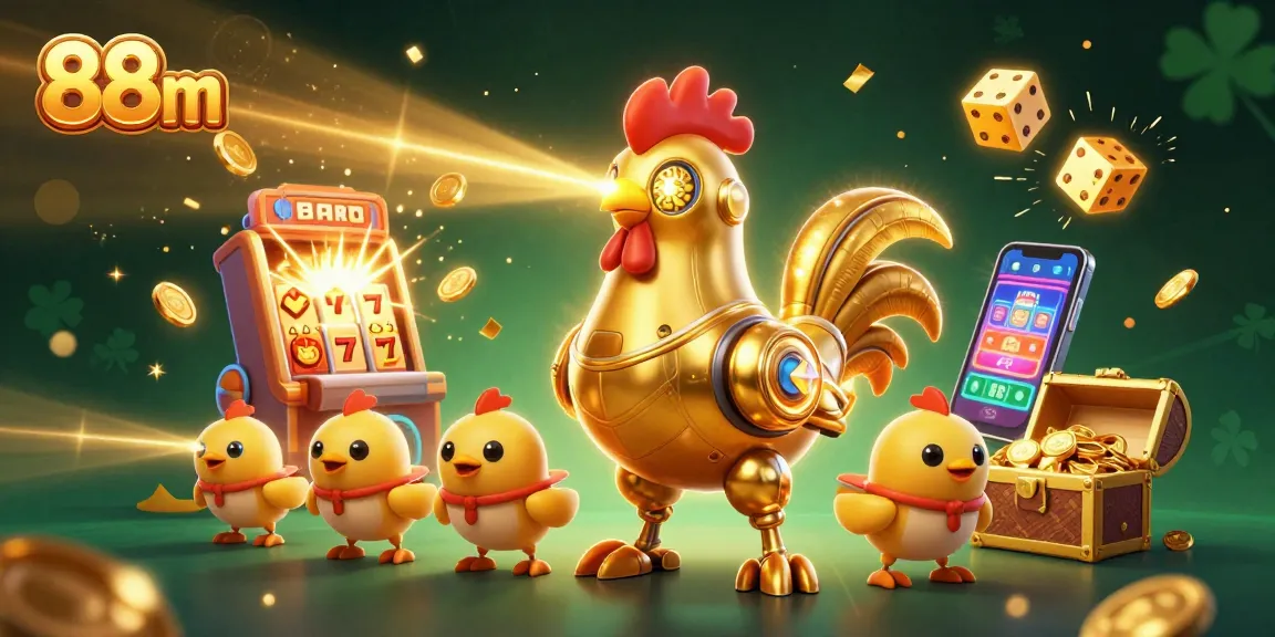 Engage with 88m's thrilling golden rooster robot in a vibrant casino scene filled with dazzling games.
