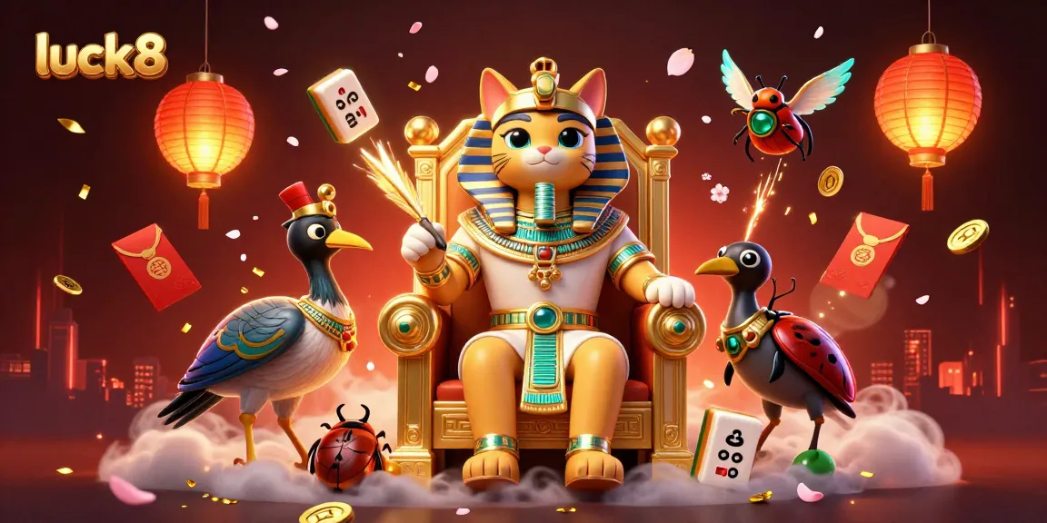 Experience luck8's vibrant gaming world with a captivating pharaoh cat illustration amidst festive elements.
