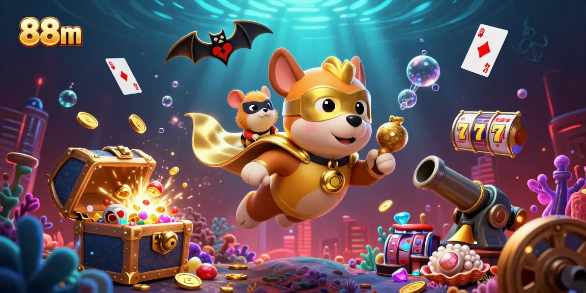 Experience excitement with 88m, as the superhero dog flies with coins amidst slot reels and vibrant gambling elements.