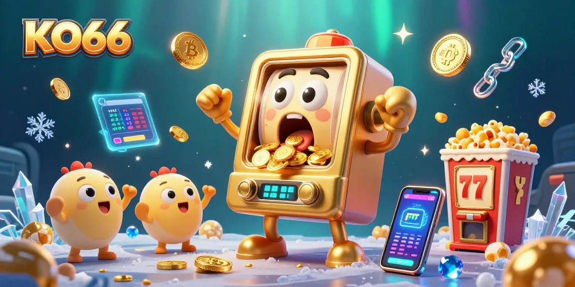KO66 showcases a golden slot machine hitting the jackpot while coins pour out, surrounded by festive elements.