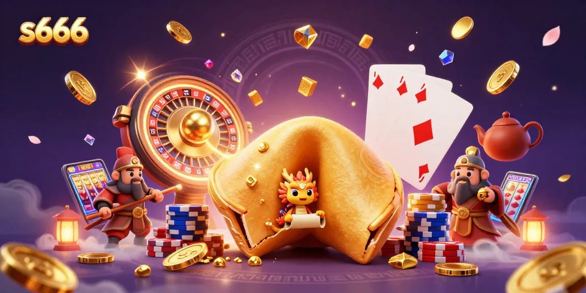 Experience exciting winning moments with s666's 3D illustration of a fortune cookie and casino magic.