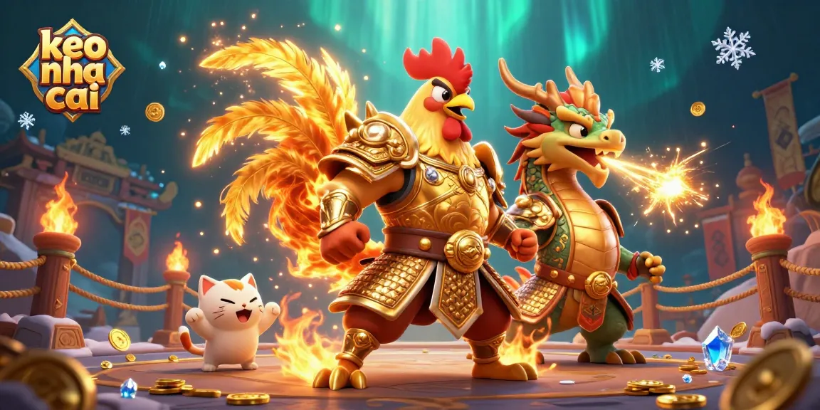 Engage in fierce betting battles with keo nha cai featuring a powerful rooster warrior and a dragon hatchling.