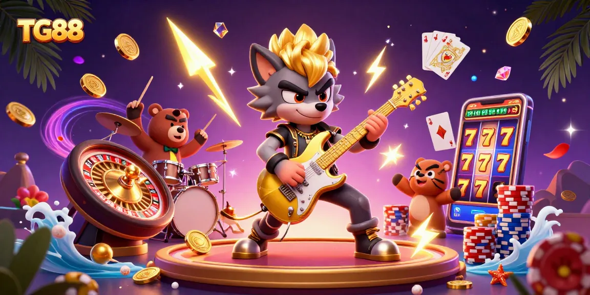 Experience dynamic fun at TG88 with a rock star wolf playing guitar on stage, surrounded by gaming excitement.