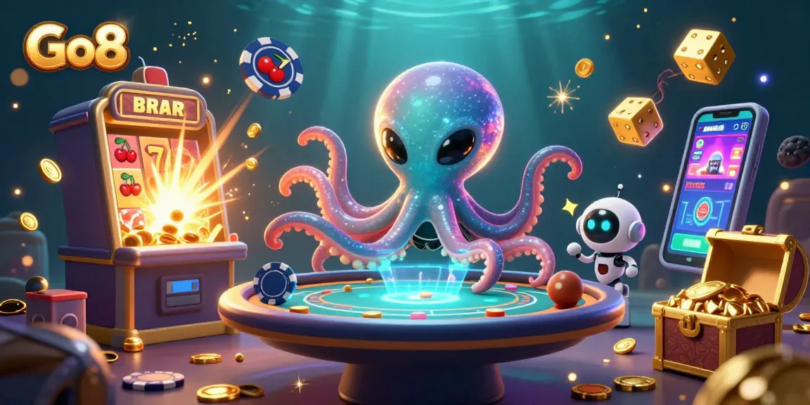 Join the adventure at Go8 with an alien octopus at a poker table, surrounded by dynamic gambling elements.